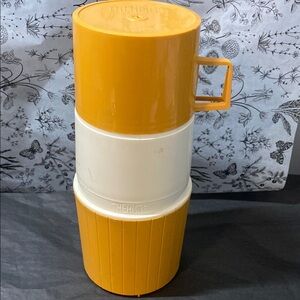 Vintage Thermos Flask Yellow and White/Cream Stackable Coffee Tea Travel Mug Set